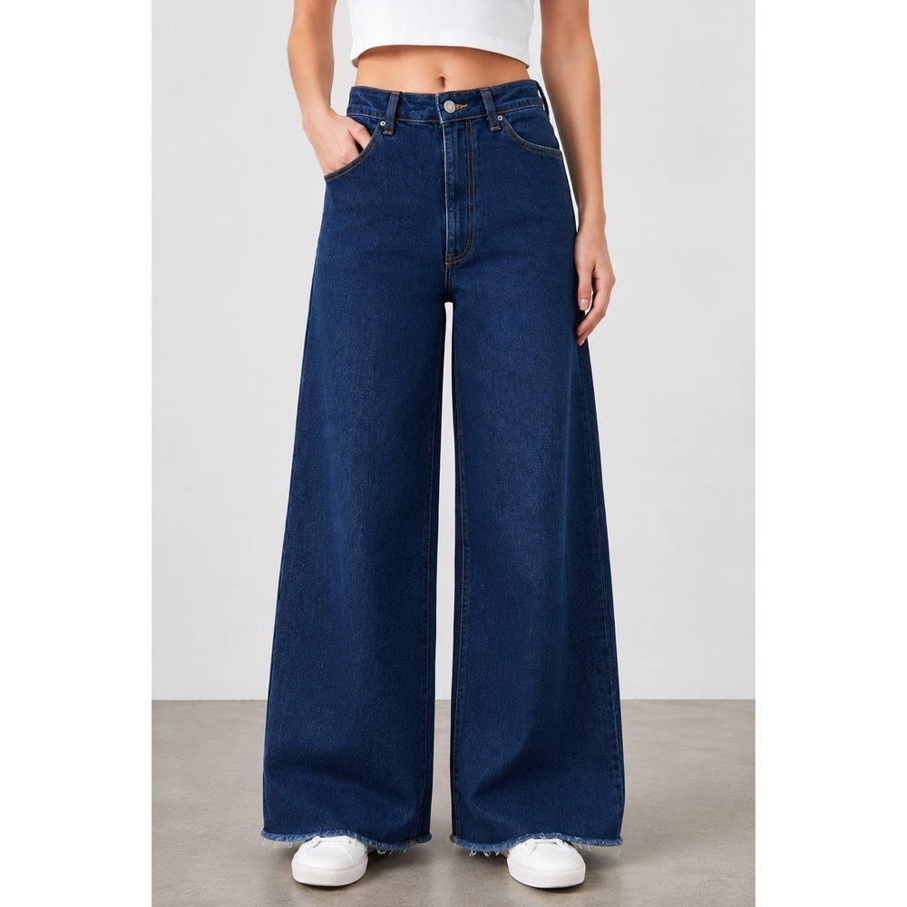 ZARA Women's High Rise Wide Leg Jeans Size 2 Dark Blue Raw Hem Denim